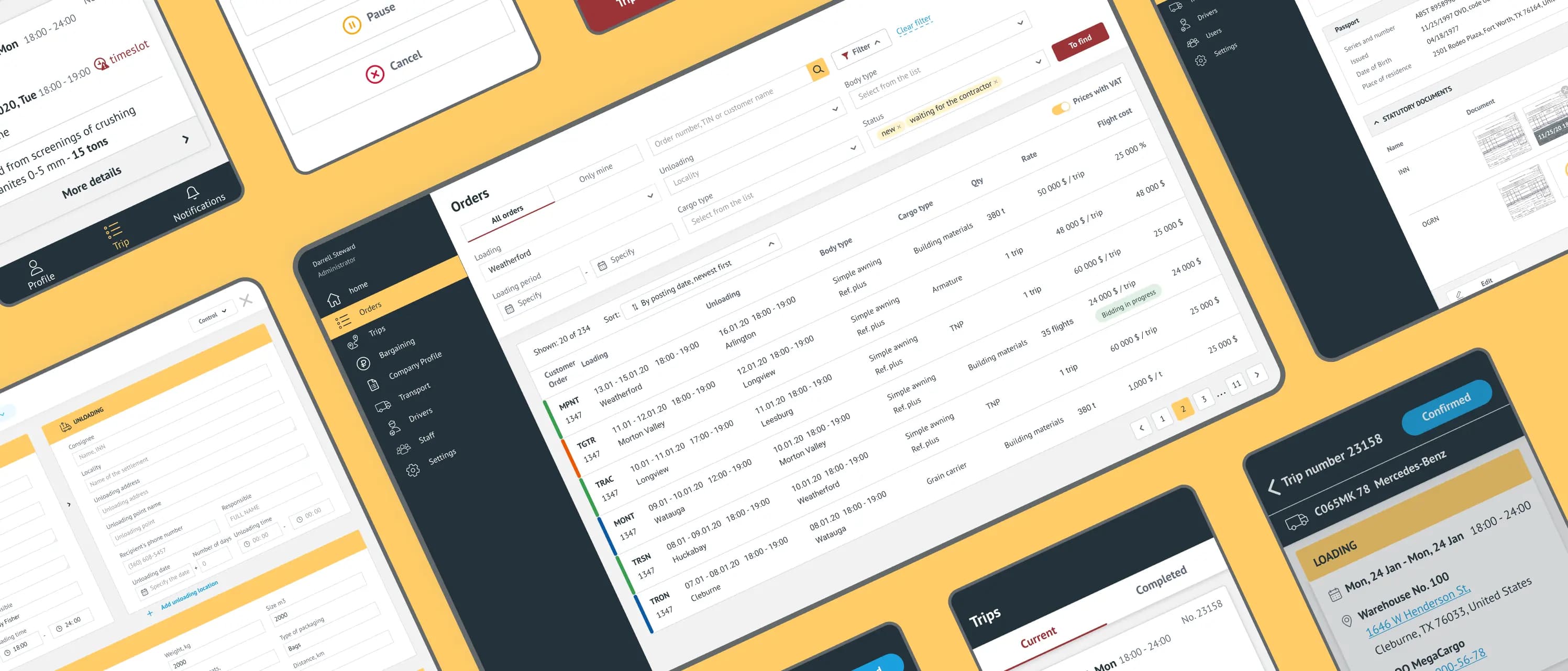 TMS Dashboard Interface — Automated trading, document management, and driver tracking